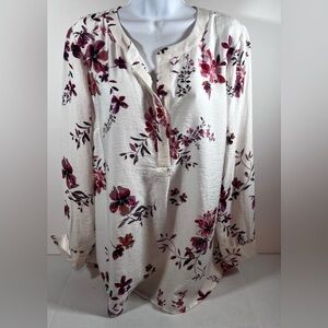 J Jill • Pop-Over Blouse Tunic Top Pullover Floral Print Long Sleeve Size Medium